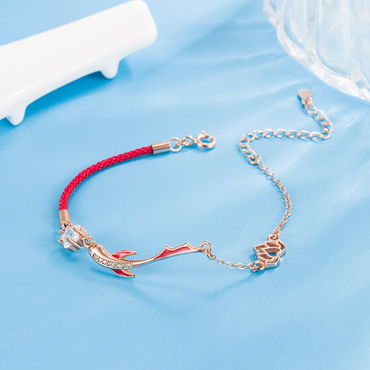 Braccialetto in corda rossa intrecciata con stella di loto e pesce koi in argento sterling 925 Buddha Stones