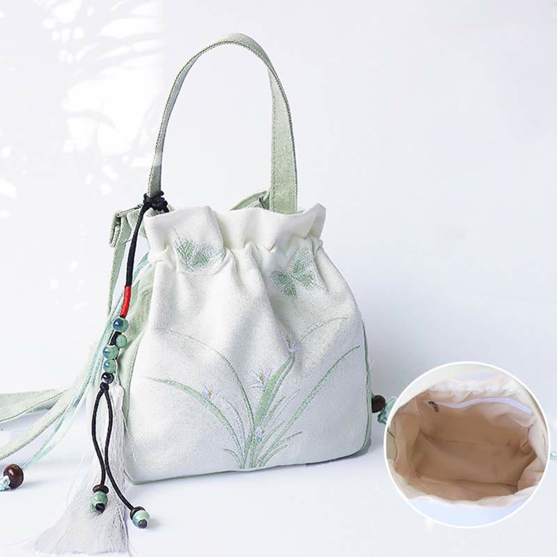 Borsa a tracolla in tela con fiori ricamati a mano con Buddha Stones
