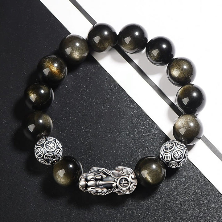 Braccialetto di protezione della ricchezza PiXiu in ossidiana naturale lucidata in argento sterling 925 Buddha Stones