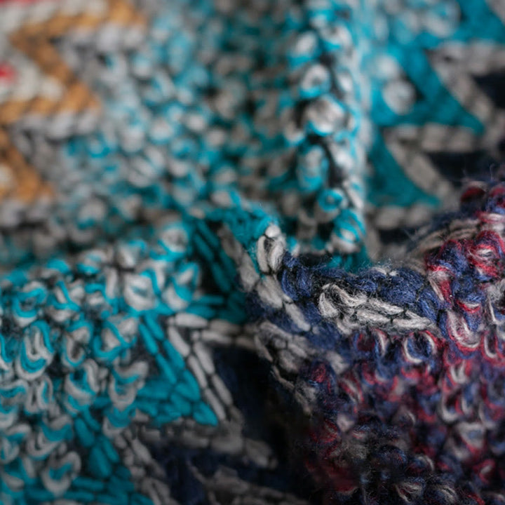 Scialle tibetano Buddha Stones, blu, beige, rosso, motivo ondulato, sciarpa invernale calda con nappe
