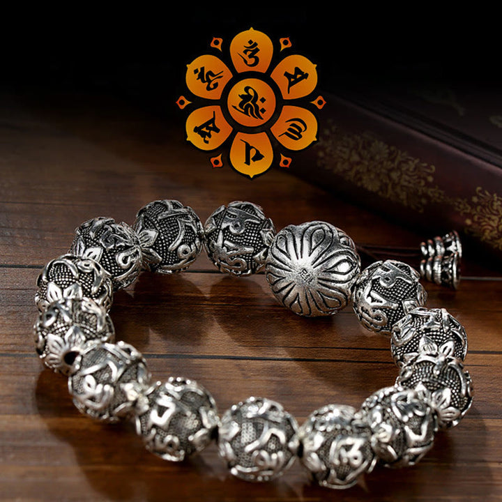 Braccialetto amuleto con perline in lega intagliata , Buddha Stones tibetane Om Mani Padme Hum
