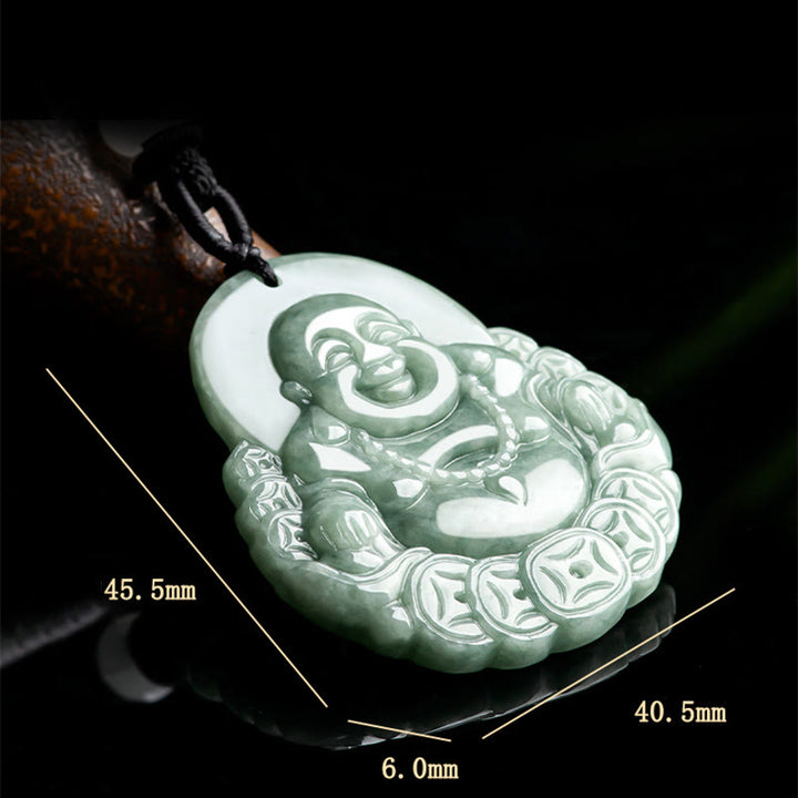 Buddha Stones Buddha che ride Collana con ciondolo in giada naturale con moneta di rame e abbondanza