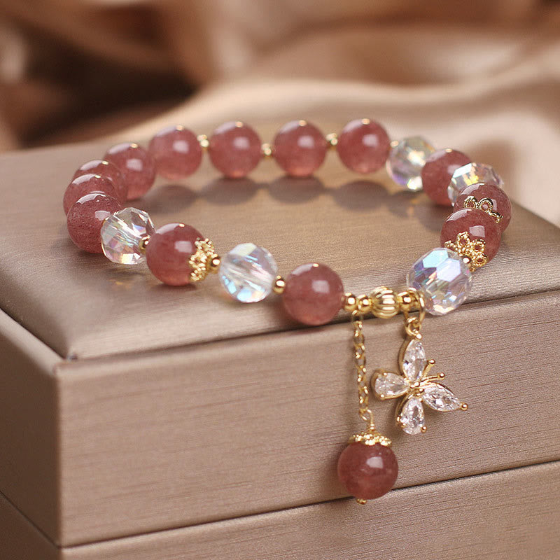 Braccialetto con ciondolo a farfalla con guarigione dell'amore in quarzo fragola naturale Buddha Stones