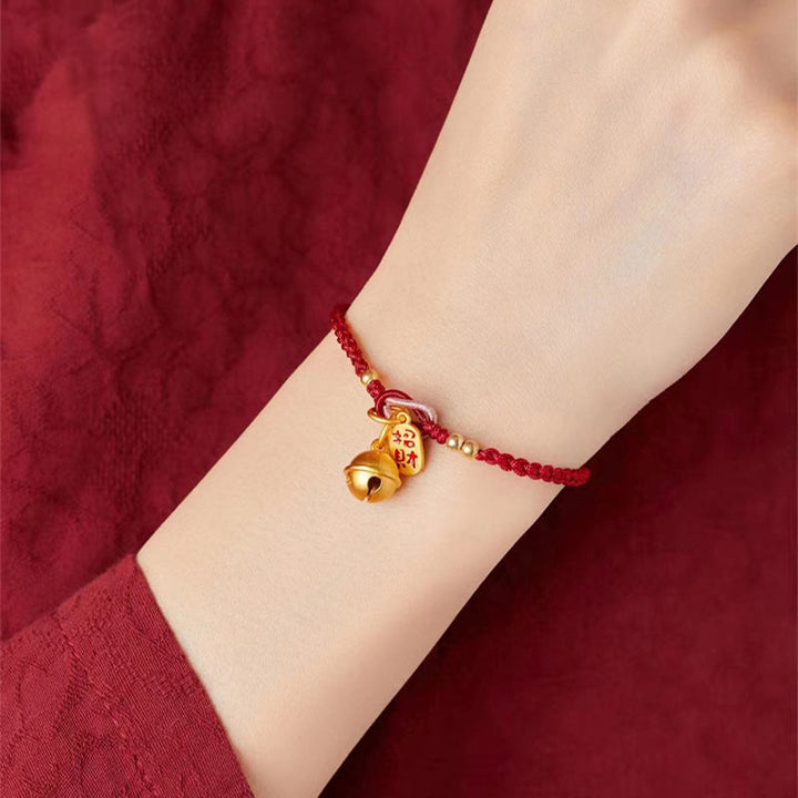 Braccialetto in corda rossa con ciondolo a forma di carattere Fu fatto a mano con Buddha Stones e campanella della fortuna e della felicità