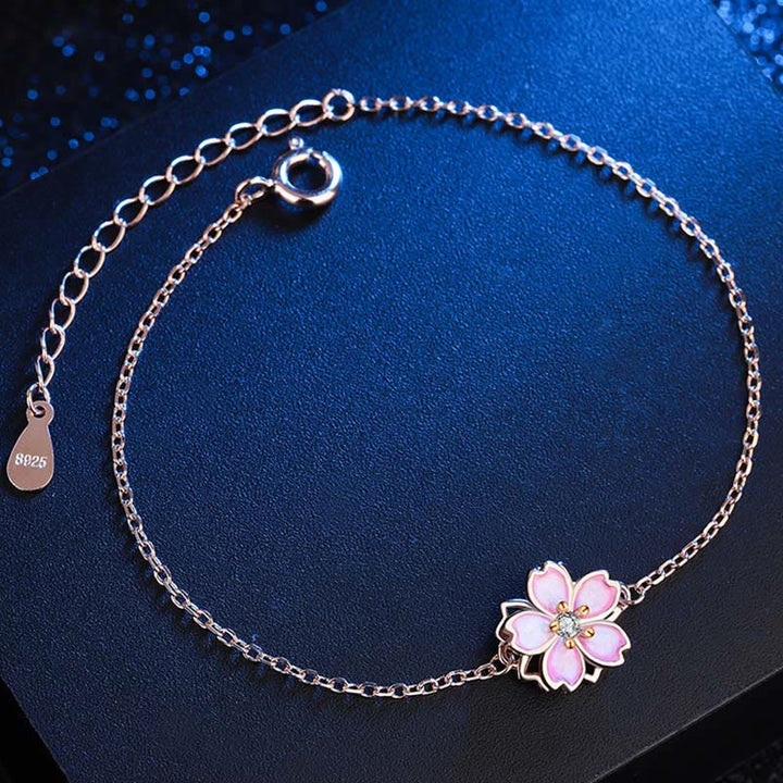 Bracciale a catena con benedizione in fiore di ciliegio in argento sterling 925 Buddha Stones, anello girevole