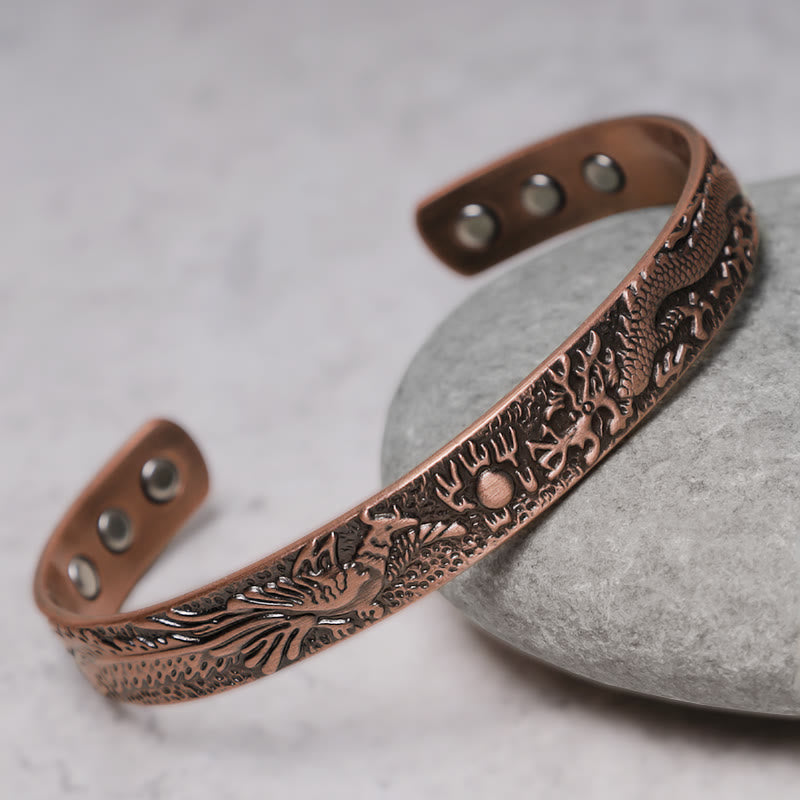 Bracciale rigido magnetico in rame massiccio con drago e fenice Buddha Stones