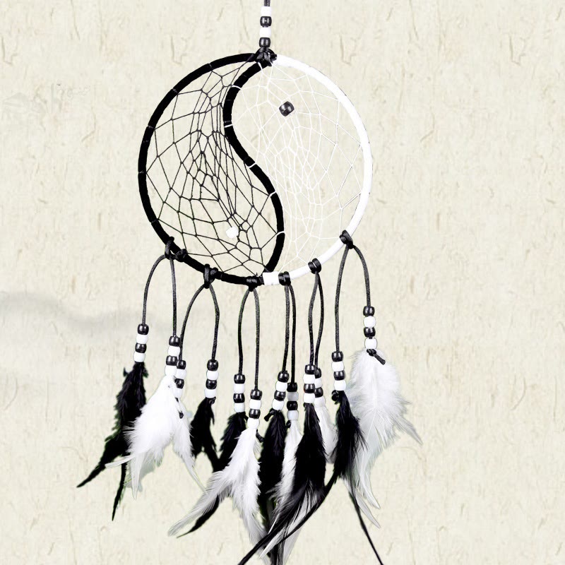 Acchiappasogni Yin Yang Rete circolare con piume Decorazione di equilibrio