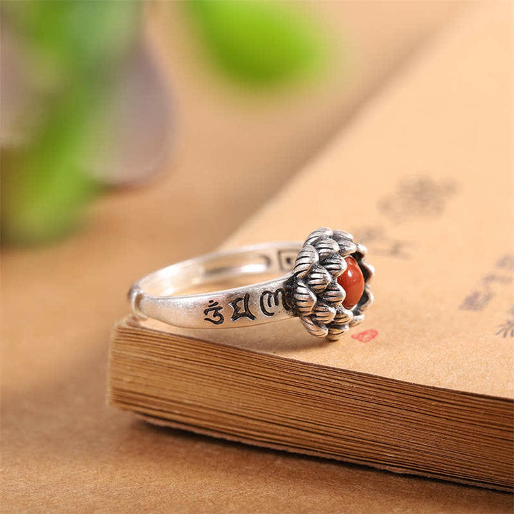 Buddha Stones925 Sterling Silver Lotus Red Agate Anello di Benedizione della Fiducia