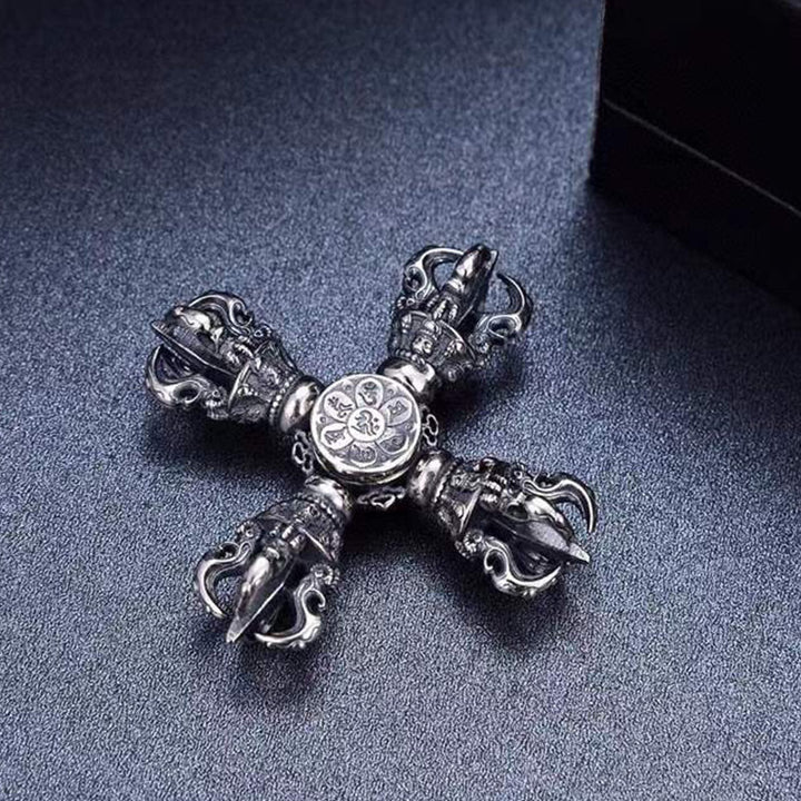 Buddha Stones Tibetano Argento Sterling 925 Doppio Dorje Vajra Inciso Ciondolo Potere Spirituale