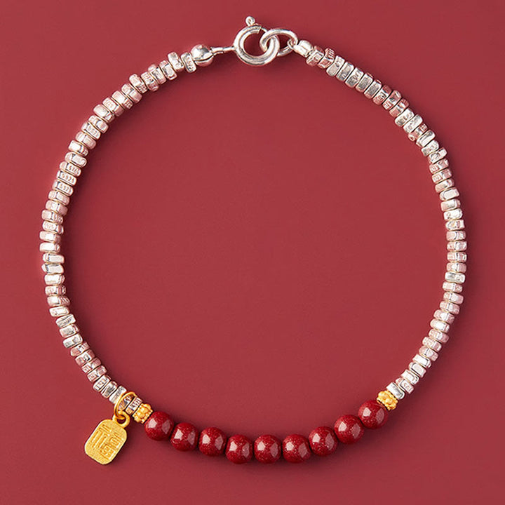 Bracciale Buddha Stones 925 Sterling Silver Cinnabar Fu Character Blessing