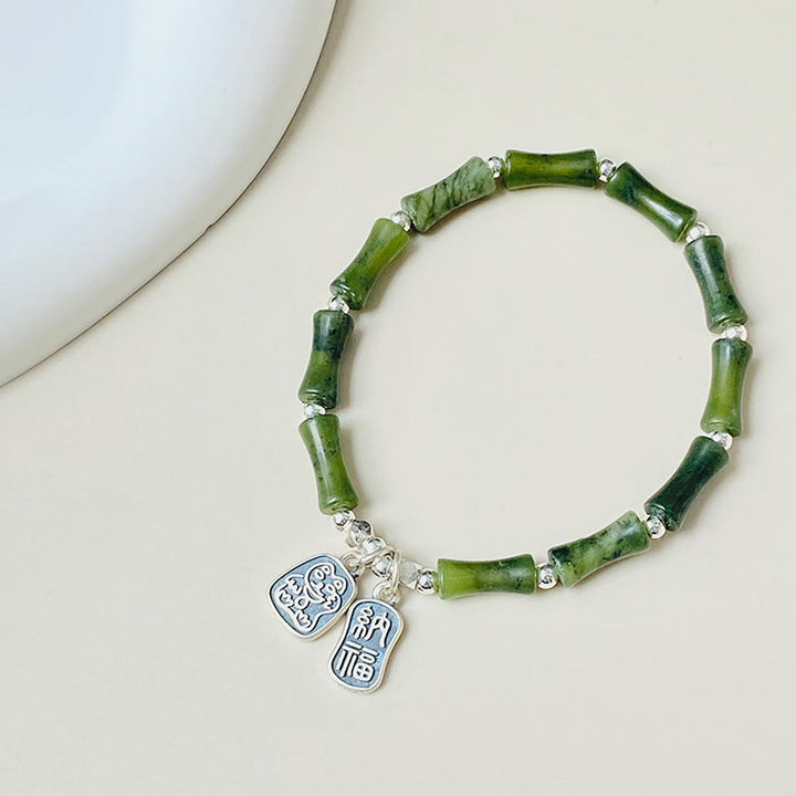 Bracciale Buddha Stones 925 Sterling Silver Bamboo Jade Lucky Cat Fu Character Luck Abundance