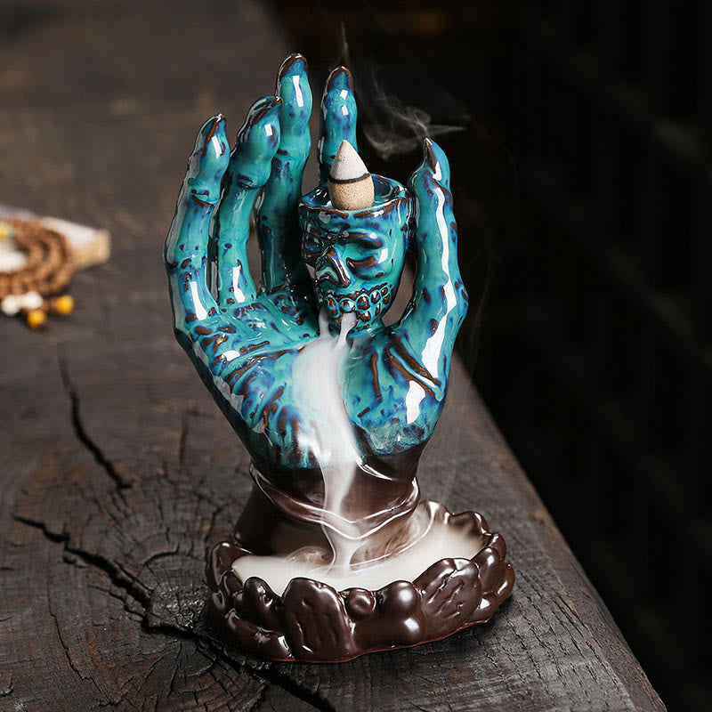 Buddha Stones Halloween Fantasma Mano Teschio Testa Ceramica Pace Guarigione Bruciatore di Incenso Decorazione