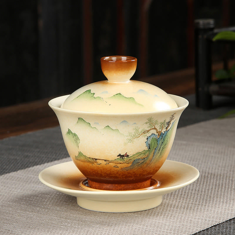 Buddha Stones Montagna Paesaggio Campagna Ceramica Gaiwan Sancai Tazza da tè Kung Fu Tazza da tè e piattino con coperchio - 11cm*10cm*100-130ml - image 0