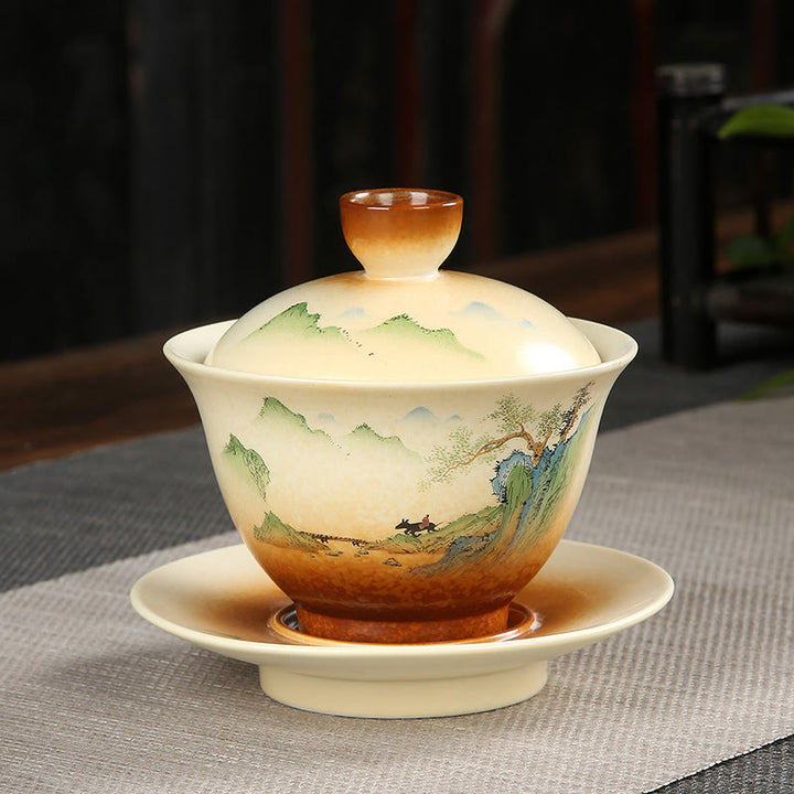 Buddha Stones Montagna Paesaggio Campagna Ceramica Gaiwan Sancai Tazza da tè Kung Fu Tazza da tè e piattino con coperchio