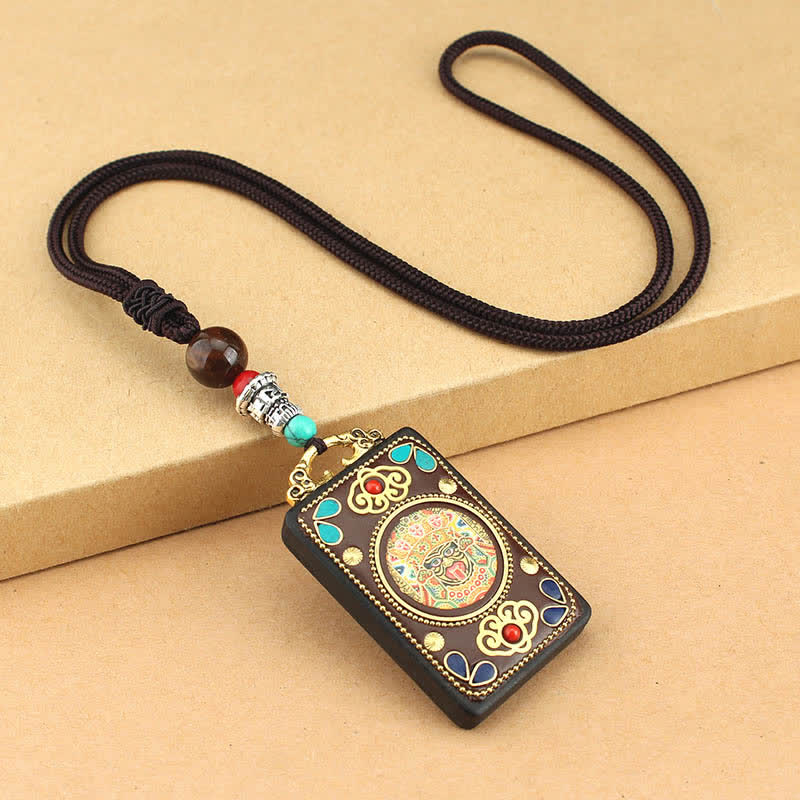 Buddha Stones Tibet Dio della Ricchezza Thangka Ebano Collana Pendente della Pace