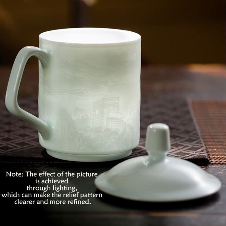 Buddha Stones Jingdezhen porcellana bianca fatta a mano Grande Muraglia Paesaggio Tazza da tè in ceramica incisa Tazza da ufficio Tazze da tè