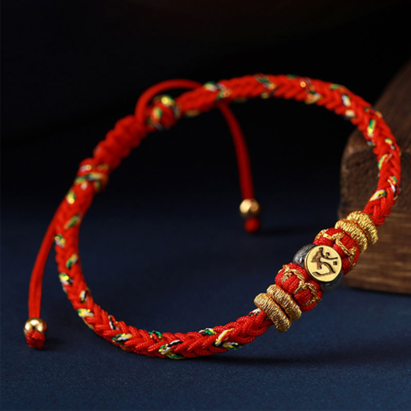 Braccialetto in corda intrecciata in argento con pietre Buddha Stones, zodiaco cinese, Buddha natale