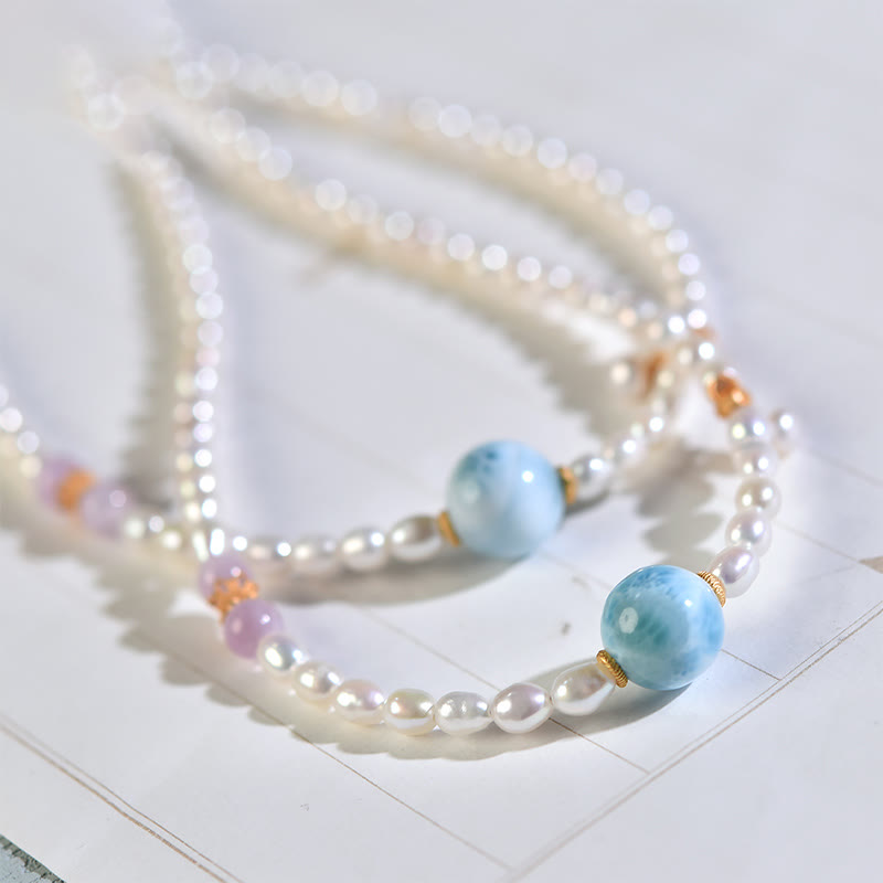 Collana con ciondolo in argento sterling 925 con perle naturali e larimar, motivo: Buddha Stones