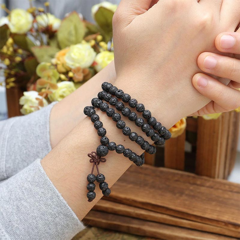 Braccialetto di protezione Buddha Stones Natural Lava Rock 108 Beads