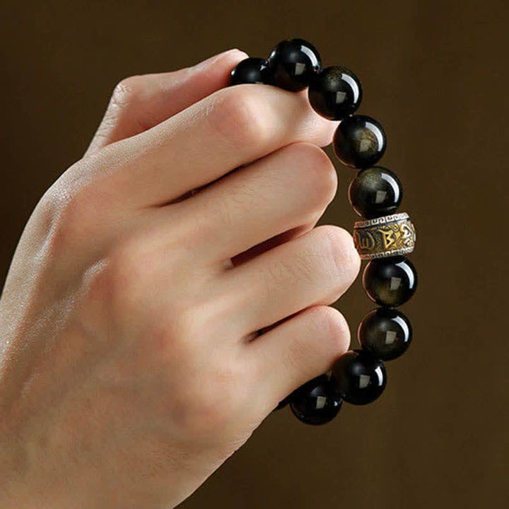 Braccialetto di protezione Om Mani Padme Hum in ossidiana lucida dorata Buddha Stones PiXiu Cinnabar