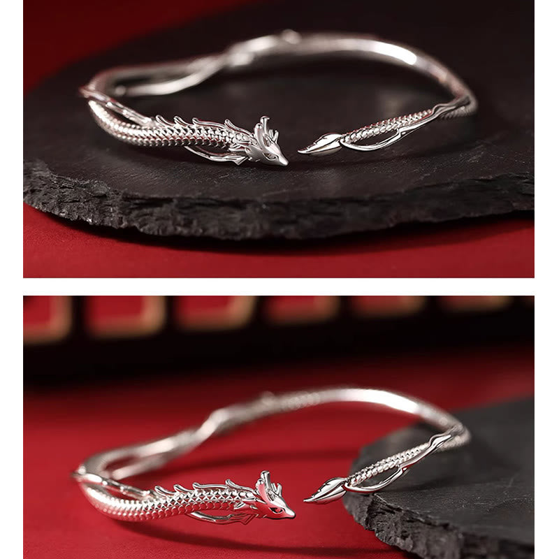 Bracciale rigido in metallo con design dell'anno del drago in argento sterling 925 Buddha Stones