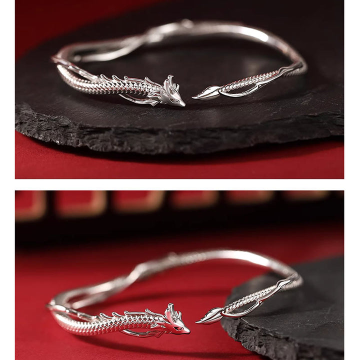 Bracciale rigido in metallo con design dell'anno del drago in argento sterling 925 Buddha Stones
