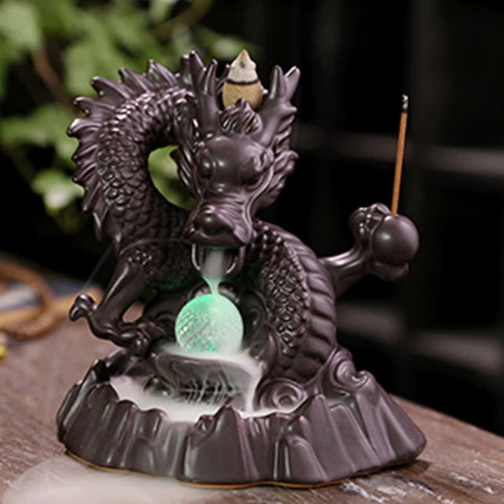 Buddha Stones Drago di buon auspicio Fontana di fumo a riflusso in ceramica Bruciatore di incenso di guarigione Meditazione Decorazione a sfera a LED