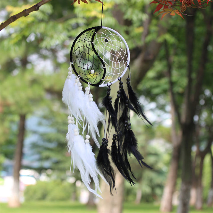 Acchiappasogni Yin Yang Rete circolare con piume Decorazione di equilibrio