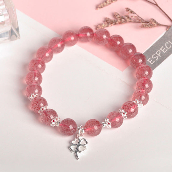 Bracciale Buddha Stones in argento sterling 925 con quarzo fragola e quadrifoglio, amore