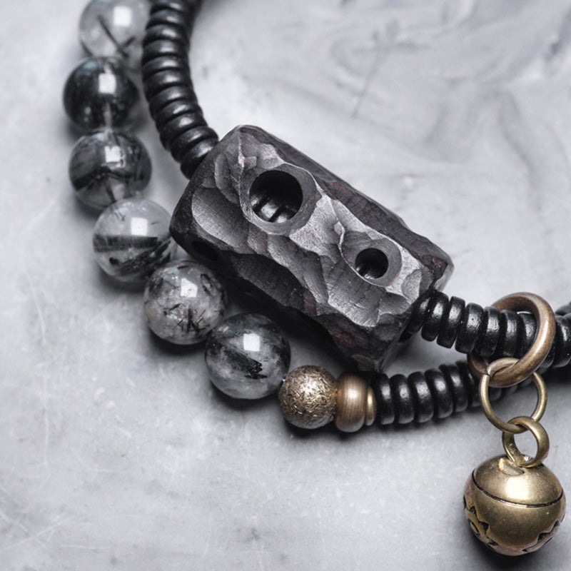 Braccialetto di coppia della saggezza del rame del legno di ebano del quarzo rutilato nero Buddha Stones