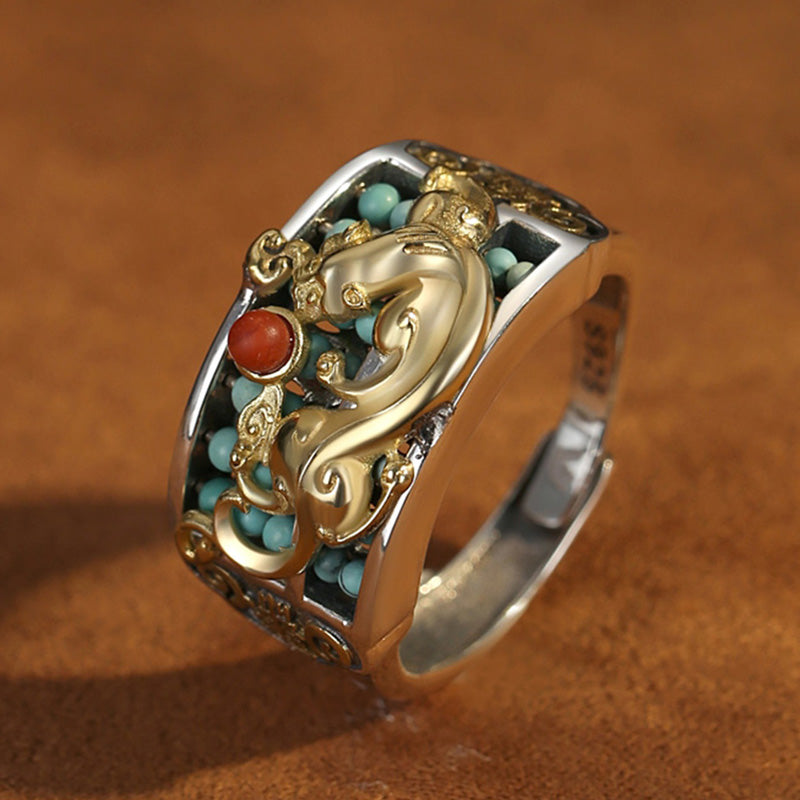 Anello di protezione PiXiu Abacus in argento sterling 925 Buddha Stones e agata rossa turchese