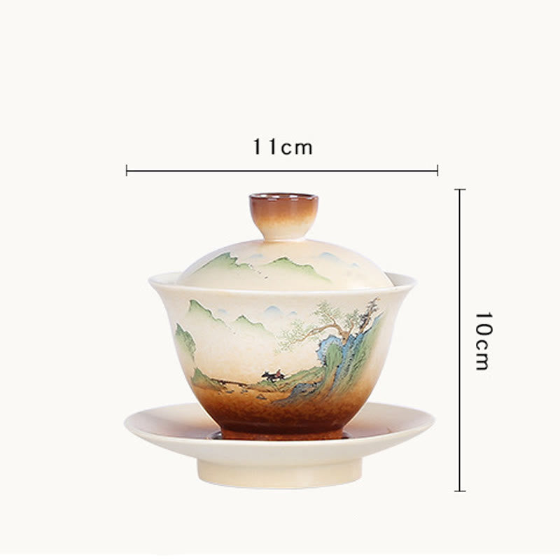 Buddha Stones Montagna Paesaggio Campagna Ceramica Gaiwan Sancai Tazza da tè Kung Fu Tazza da tè e piattino con coperchio