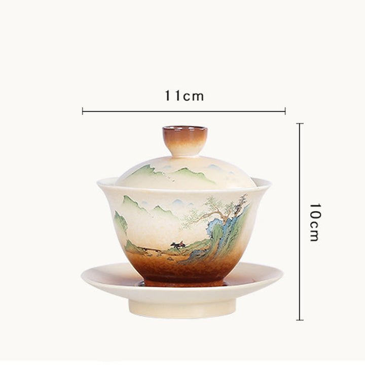 Buddha Stones Montagna Paesaggio Campagna Ceramica Gaiwan Sancai Tazza da tè Kung Fu Tazza da tè e piattino con coperchio