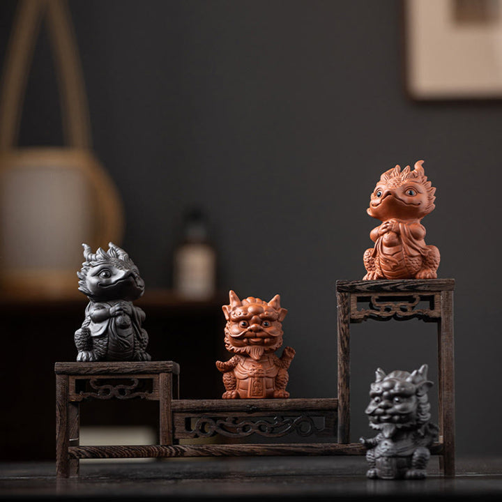 Buddha Stones Fortuna Drago Ricchezza Tè Animale Domestico Figurina Argilla Viola Decorazione