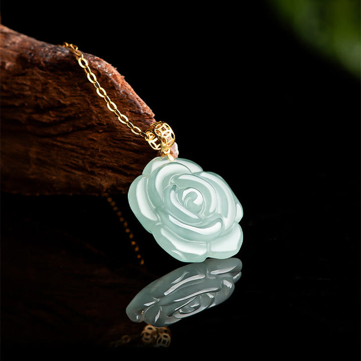 Collana con ciondolo in giada rosa naturale con Buddha Stones in oro 18 carati e argento sterling 925