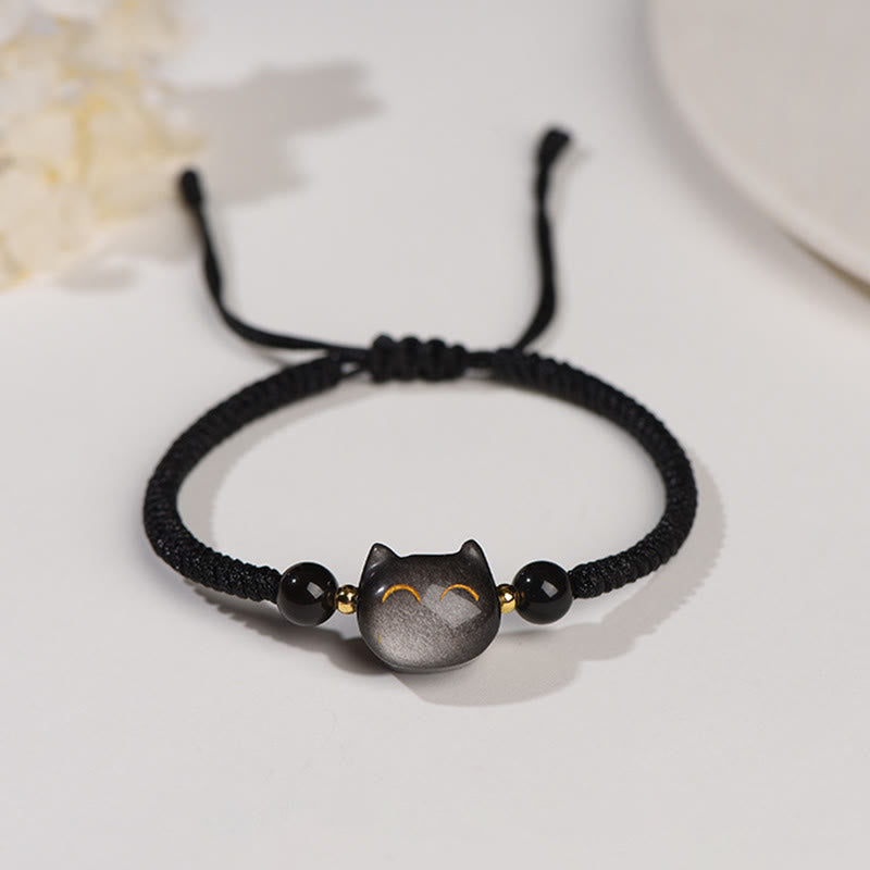 Braccialetto intrecciato con protezione per gatti carino, in ossidiana lucida d'argento naturale fatto a mano, al quarzo fragola, Buddha Stones - Ossidiana argentata (Comunicazione♥Lenitiva) - Gatto sorridente - image 1