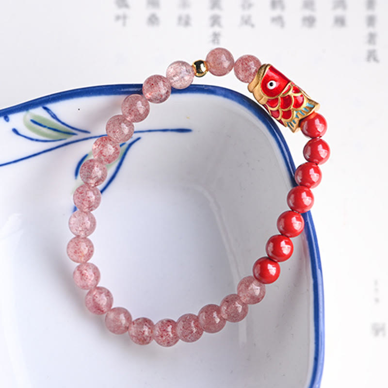 Braccialetto curativo con pesce koi portafortuna in quarzo fragola naturale cinabro Buddha Stones