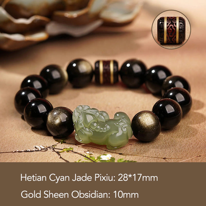 Buddha Stones Oro Naturale Lucentezza Ossidiana Giada Ciano Hetian Giada Bianca Bracciale PiXiu Ricchezza