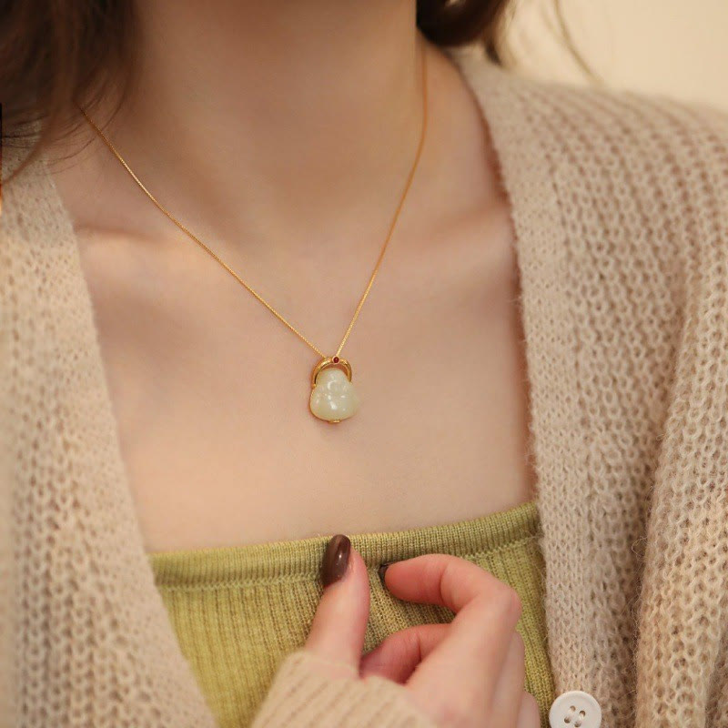 Collana con ciondolo a forma Buddha Stones Buddha con ciondolo a forma di Buddha che ride, in argento sterling 925, giada naturale di Hetian - image 4