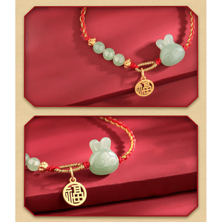 Braccialetto in corda rossa con Buddha Stones in argento sterling 925 Anno del coniglio in giada Hetian Felicità Fortuna