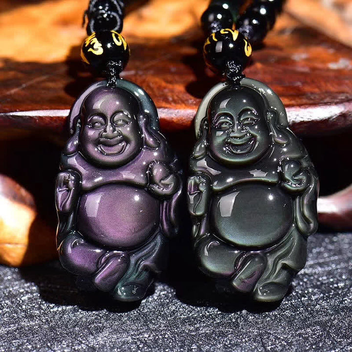 Collana con ciondolo Buddha che ride in ossidiana arcobaleno naturale con pace interiore - Filo di perline e ossidiana arcobaleno - image 1