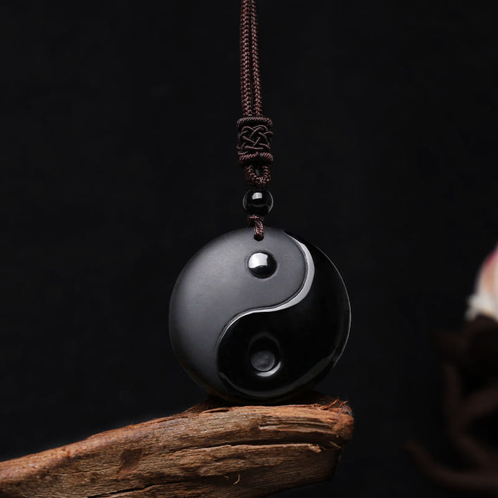 Buddha Stones Ossidiana nera Taoismo Cinque montagne sacre Mantra a nove caratteri Intagliato Purificazione Yin Yang Collana pendente - Yin Yang - image 0