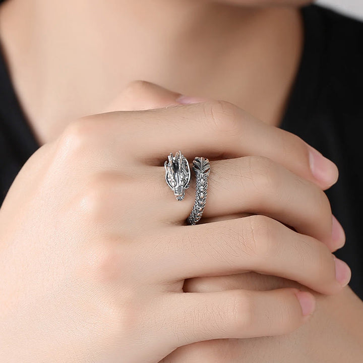 Anello regolabile Buddha Stones 925 Sterling Silver Vintage Dragon Success Protection Strength