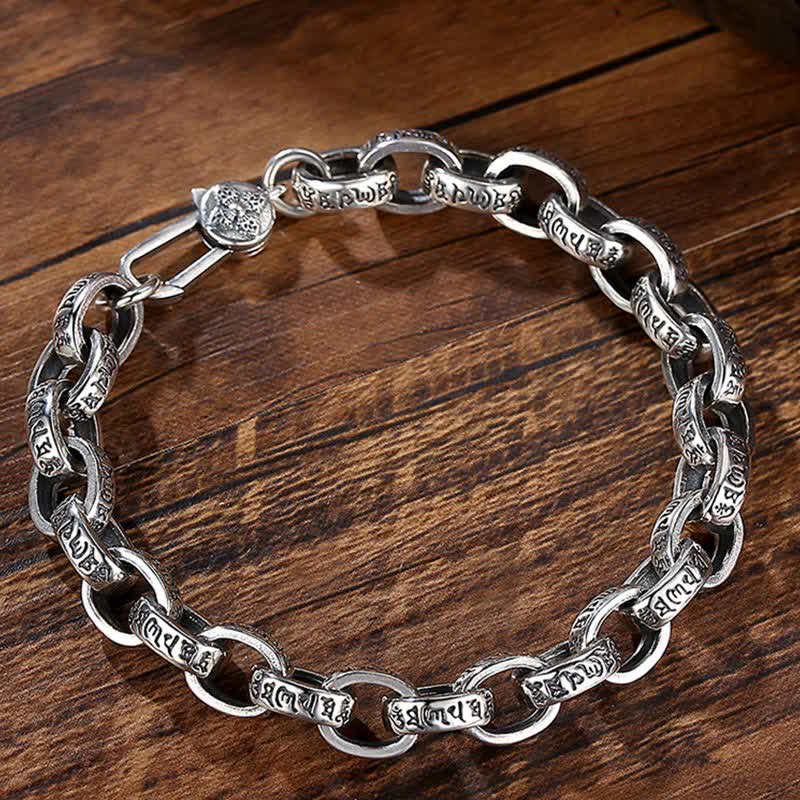 Braccialetto con scritta "Buddha Stones" in argento sterling 925 con incisione Om Mani Padme Hum e simbolo della pace