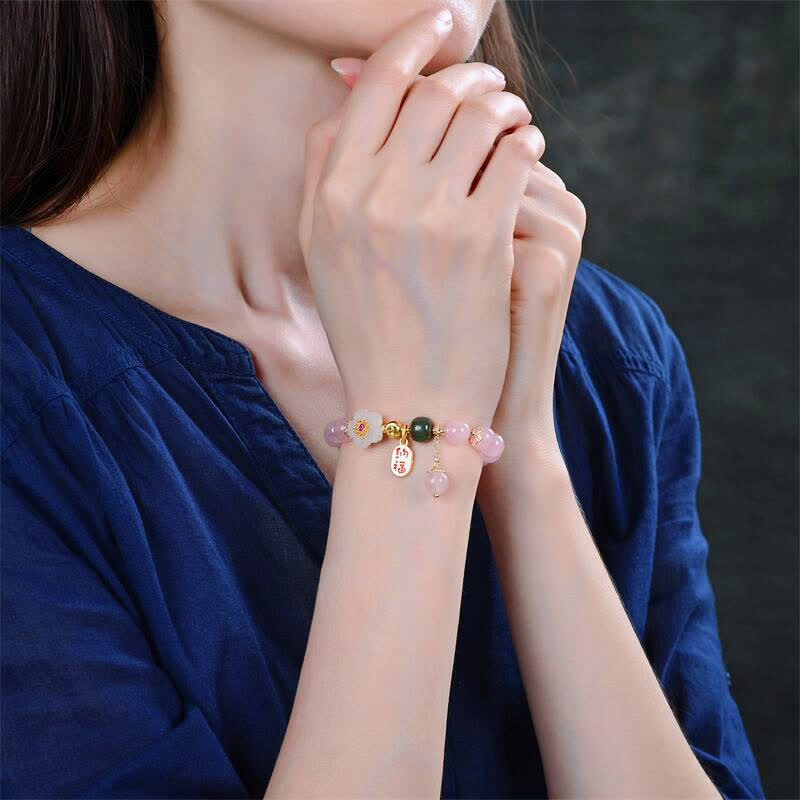 Braccialetto Buddha Stones Natural Pink Crystal Jade Flower Warm Love