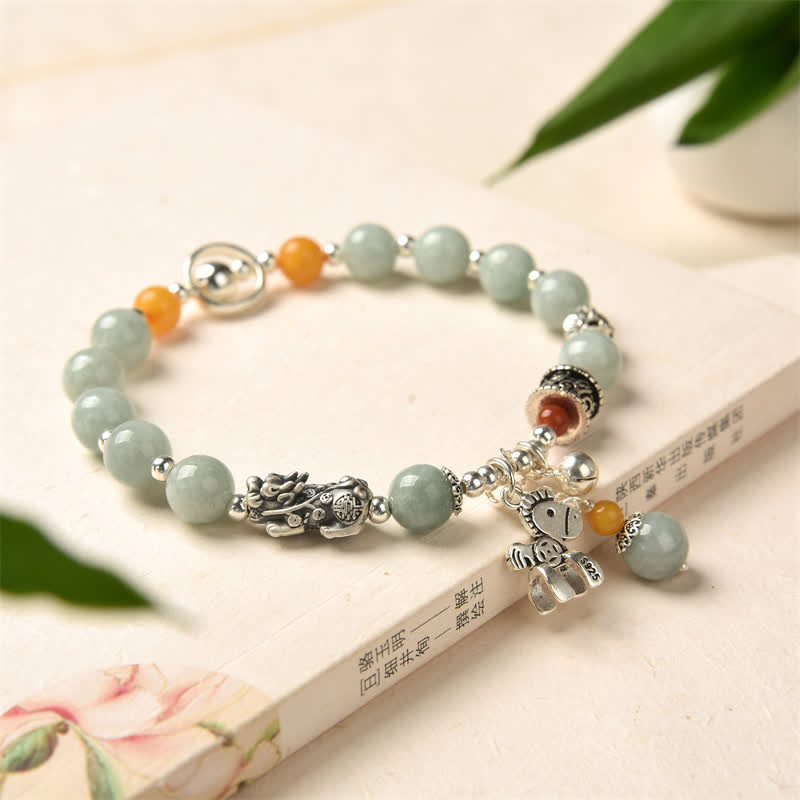 Braccialetto Buddha Stones 925 Sterling Silver Natural Jade Ambra PiXiu Pony Success