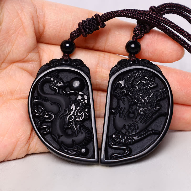 Collana con ciondolo di protezione in ossidiana nera, drago, fenice e Buddha Stones - image 3