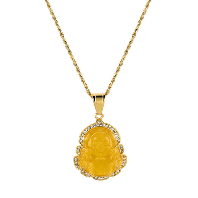 Collana con ciondolo a forma di Buddha in giada con Buddha che ride, riempita in oro 18 carati, Buddha Stones - Giallo - image 17