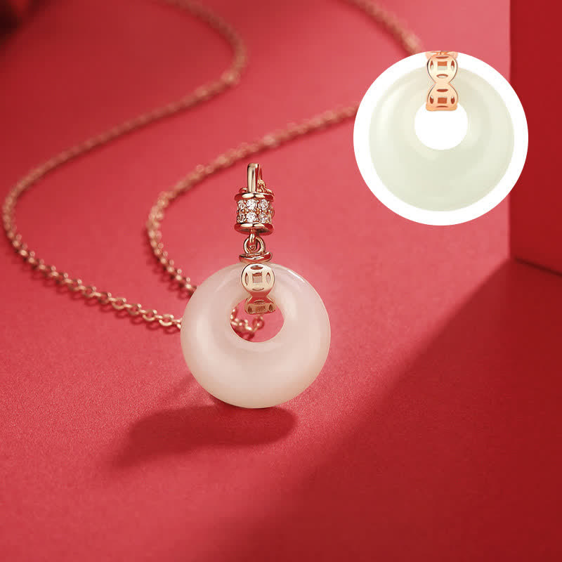 Buddha Stones 925 Sterling Silver Hetian Giada Bianca Moneta Fiore Pace Fibbia Collana Pendente Fortuna
