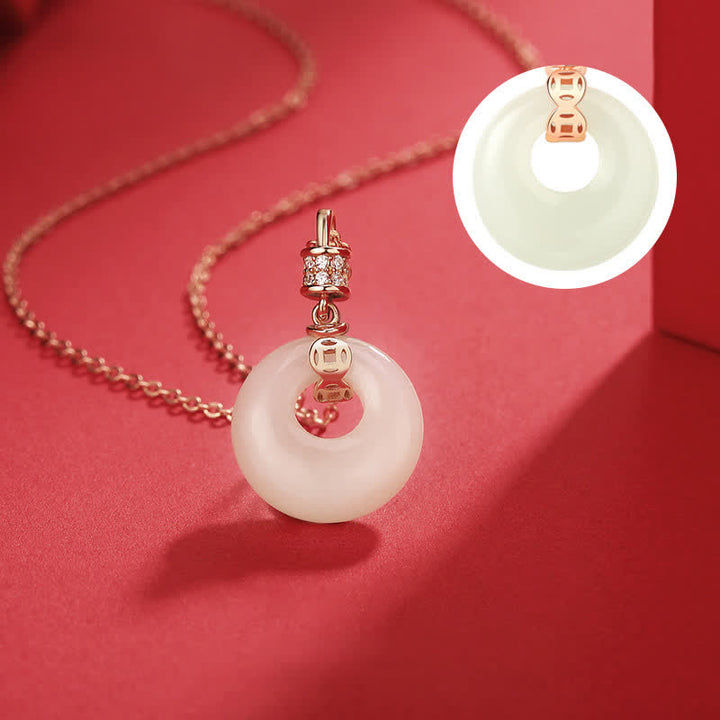 Buddha Stones 925 Sterling Silver Hetian Giada Bianca Moneta Fiore Pace Fibbia Collana Pendente Fortuna
